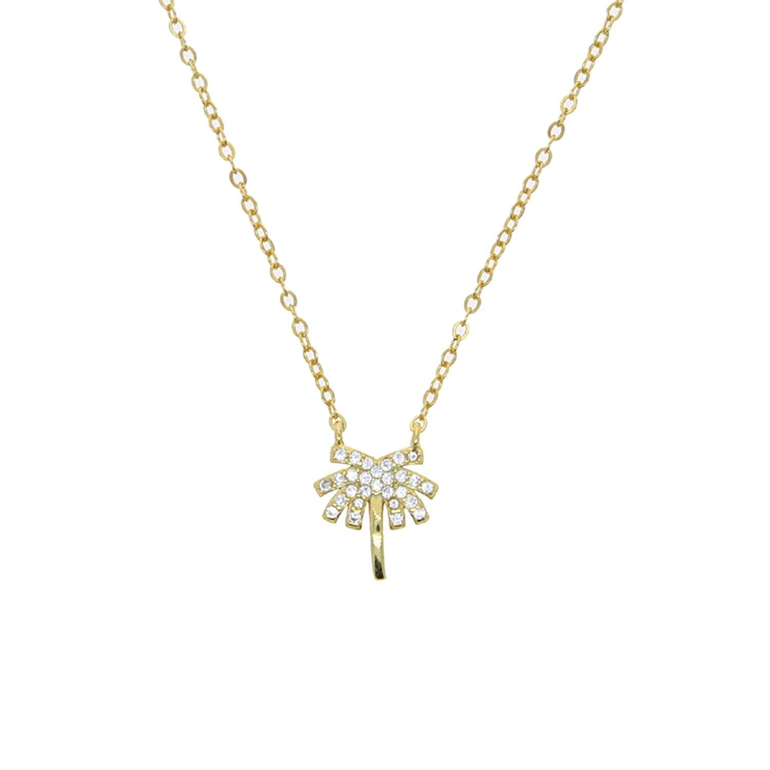 Close-Out-95024 <br> necklace palm tree pave 16" + 2" ext. Sterling Silver GOLD PLATED - Image 1