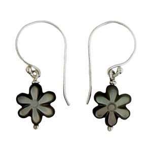 27405<br>earring grey MOP carved flower 9mm rd